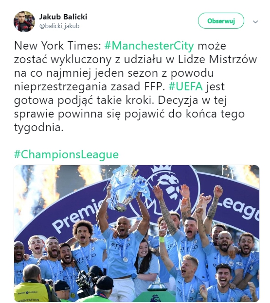 ''New York Times'': Man City może zostać wykluczone z LM!